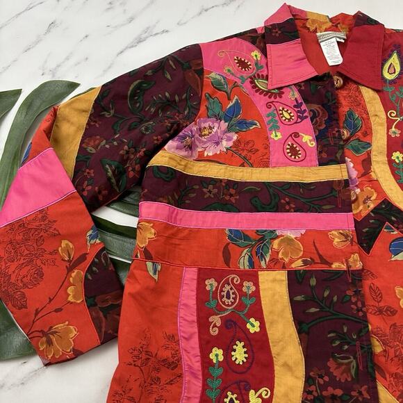 Coldwater Creek Embroidered Jacket Plus Size 1x Red Pink Floral Patchwork - Picture 4 of 11